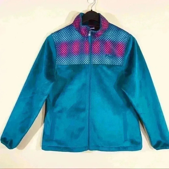 Fila Athleisure Green Teal Geometric Fleece Fur Full Zip Collared Jacket Size L - Picture 1 of 10